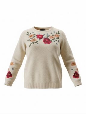 Cliche Med Embroidered Floral Beige Oatmeal Sweater Crew Neck